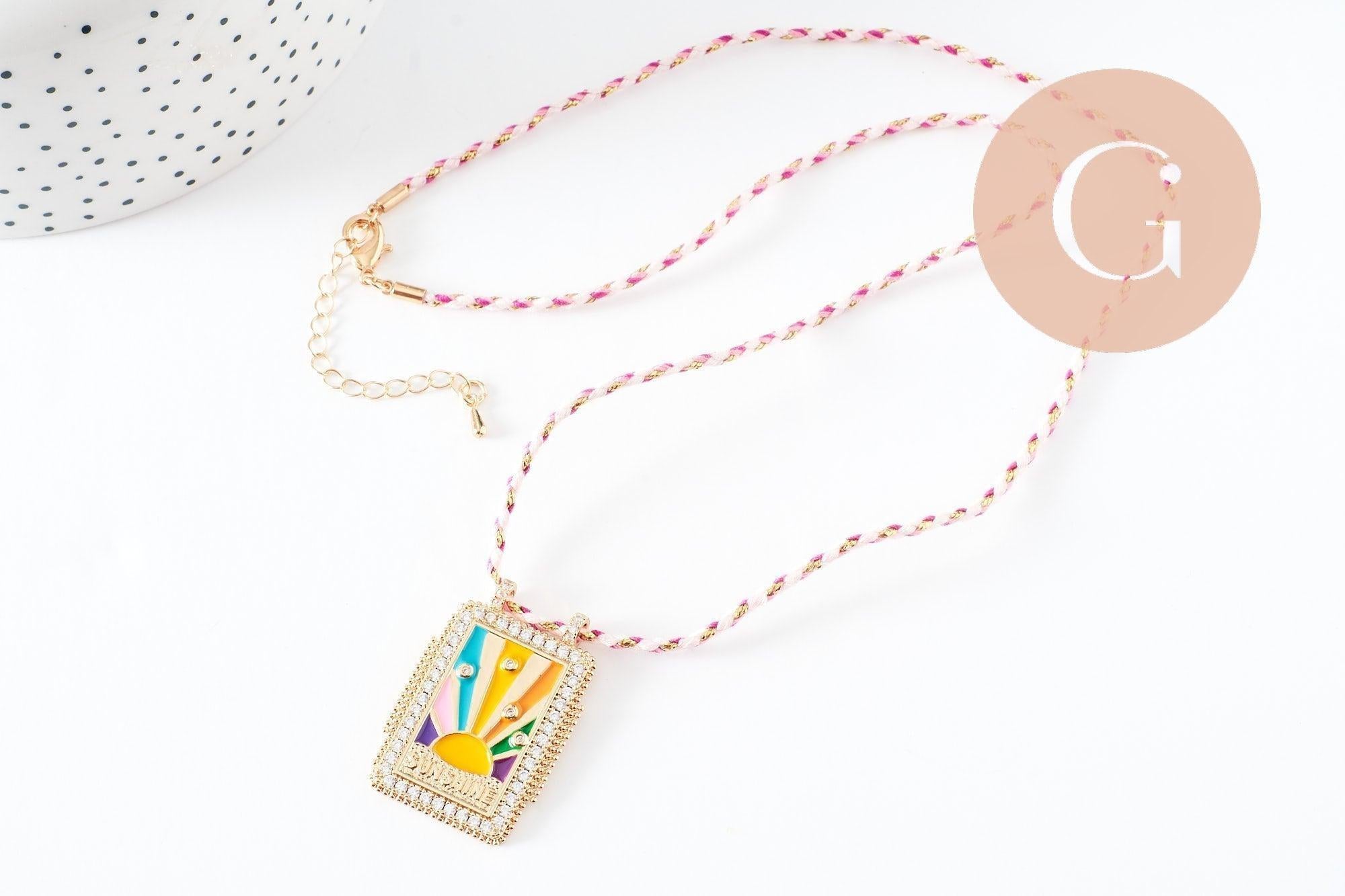Collier médaille émaillée Soleil multicolore zircon zamac doré, collier cordon tressé 45cm x1 (G9563)