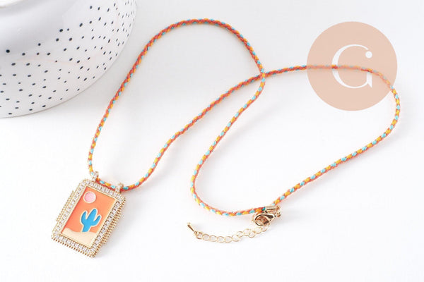 Collier médaille émaillée cactus orange turquoise zircons cordon tressé zamac doré 45cm x1 (G10364-4)
