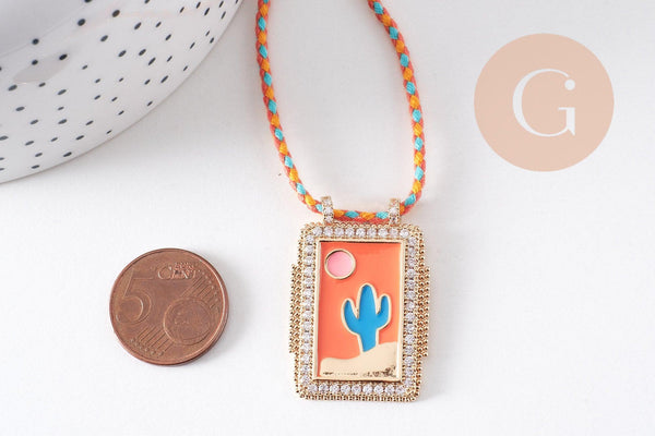 Collier médaille émaillée cactus orange turquoise zircons cordon tressé zamac doré 45cm x1 (G10364-4)