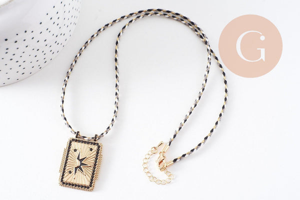 Collier médaille émaillée étoile noire zircons noir cordon tressé zamac doré 45cm x1 (G10364-11)