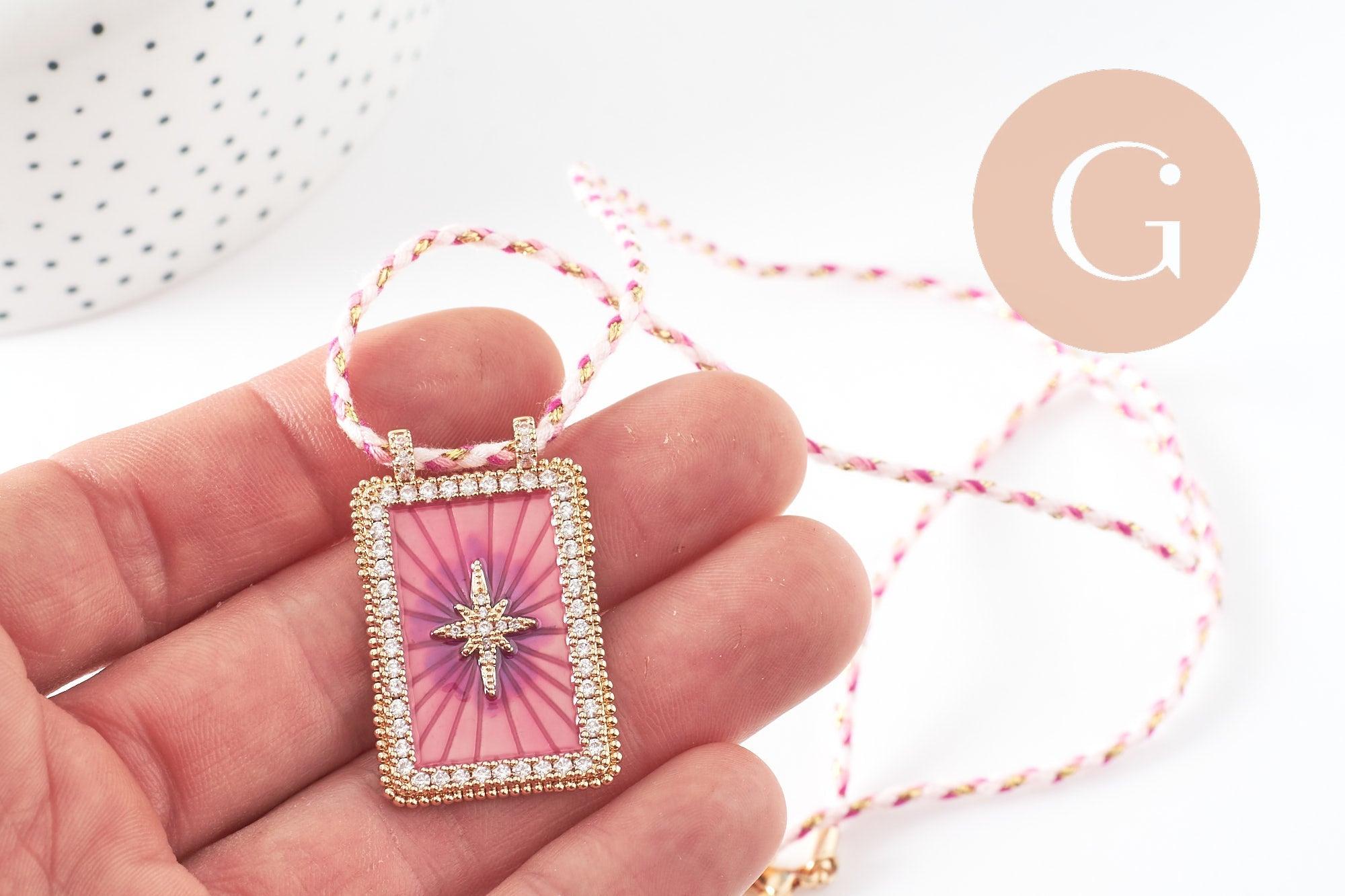 Collier médaille émaillée étoile rose violet zircon zamac doré, collier cordon tressé 45cm x1 (G9567)