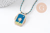 Collier médaille émaillée palmier bleu turquoise zircons cordon tressé zamac doré 45cm x1 (G10364-5)