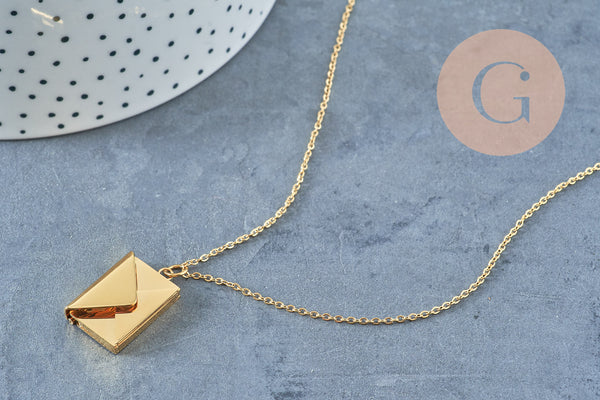 Collier pendentif locket enveloppe avec carte personnalisable acier 304 inoxydable doré IP, x1 (G10202)
