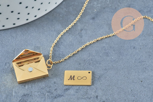 Collier pendentif locket enveloppe avec carte personnalisable acier 304 inoxydable platine, x1 (G10203)