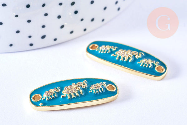 Connecteurs émaillé bleu laiton doré zircons blancs 11mm, x1 (G6886)