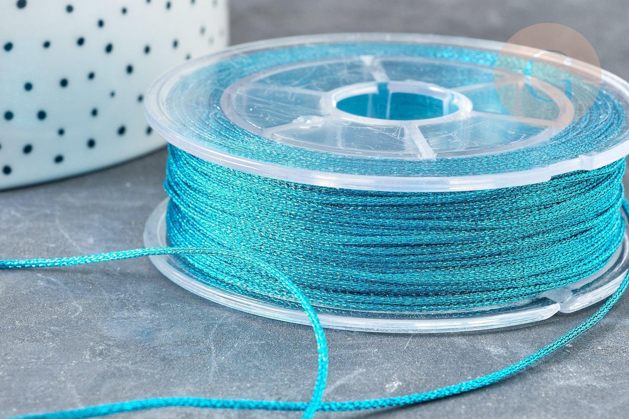 Cordon bleu turquoise Métallisé tressé polyester 1mm, cordon métallisé pour bijoux, x1 mètre (G8170)