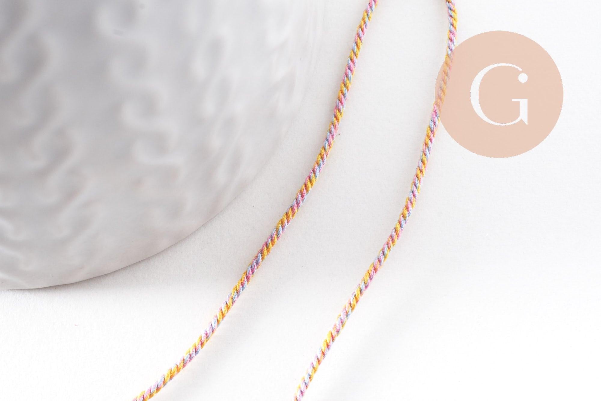 Cordon en polyester tressé multicolore pastel 1mm, cordon pour bijoux scrapbooking et fabrication bijoux, x1 mètre (G9991)