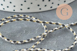 Cordon tressé Blanc noir gris fil doré 2mm, x1 mètre (G5860)