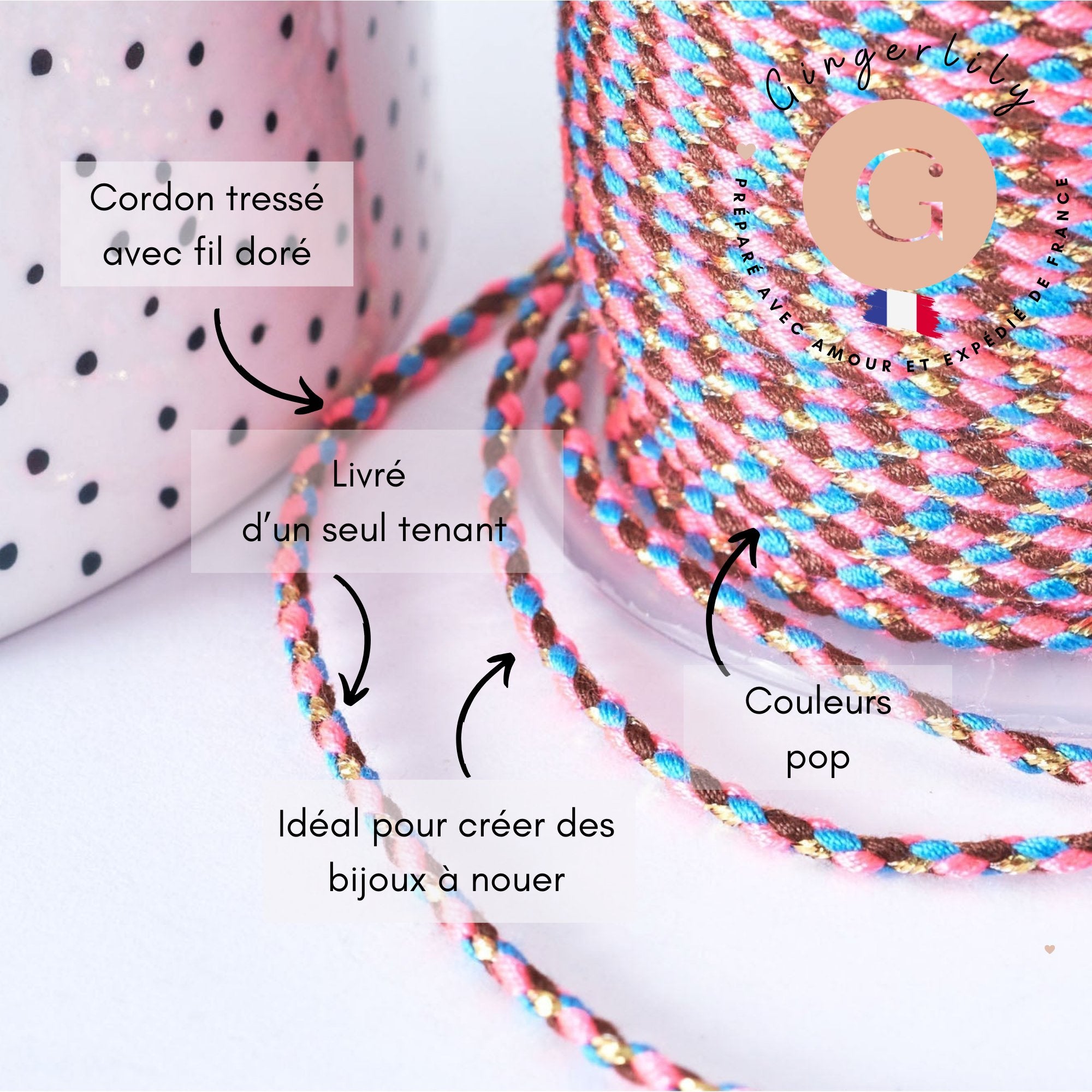Cordon tressé Bordeau bleu rose fil doré 1.5mm-2mm,cordon multicolore scrapbooking,corde décoration, x1 mètre G6933