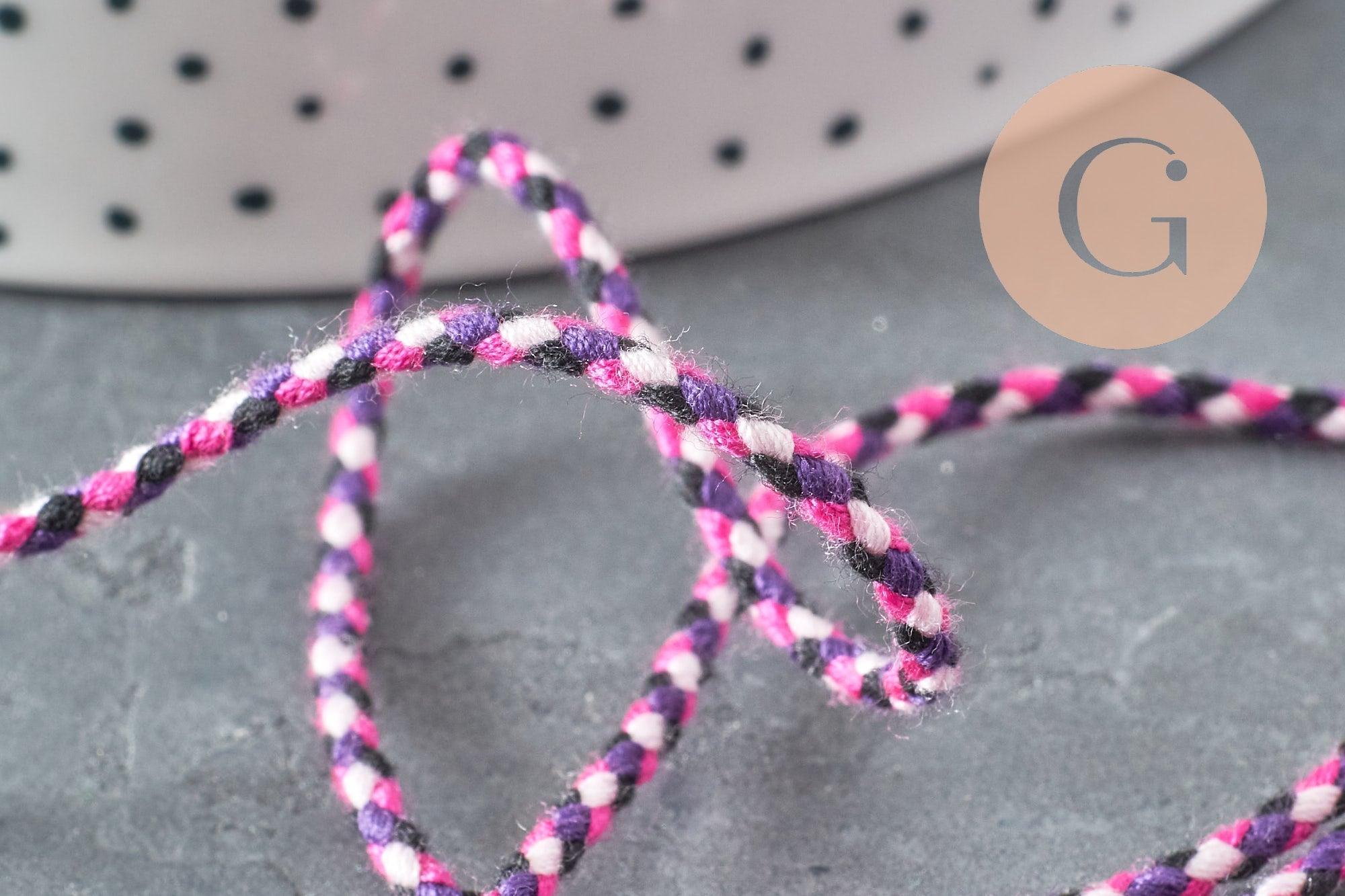 Cordon tressé blanc violet bleu 2mm, cordon pour bijoux, cordon multicolore scrapbooking, corde décoration, x1 mètre G5936