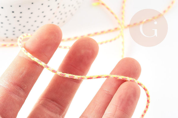 Cordon tressé coton jaune orange rose 2mm, x 1 mètre (G9123)
