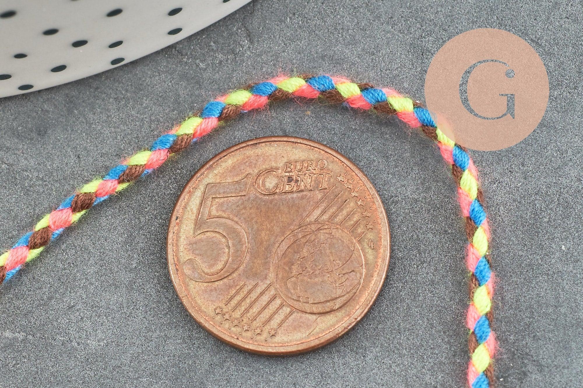 Cordon tressé jaune fluo marron rose bleu 2mm, cordon pour bijoux, cordon multicolore scrapbooking, corde décoration, x1 mètre G5934