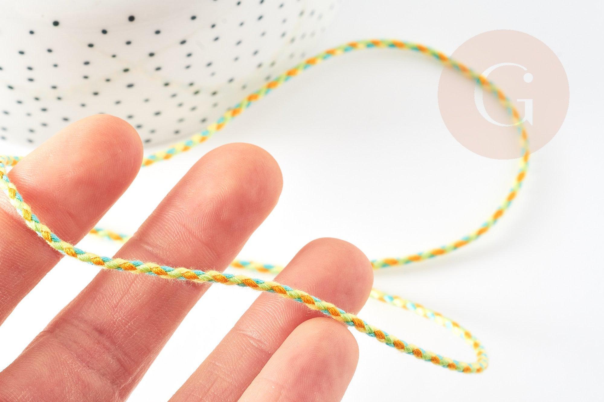 Cordon tressé jaune vert turquoise 2mm, cordon pour bijoux,cordon multicolore scrapbooking, x 1 mètre G9122