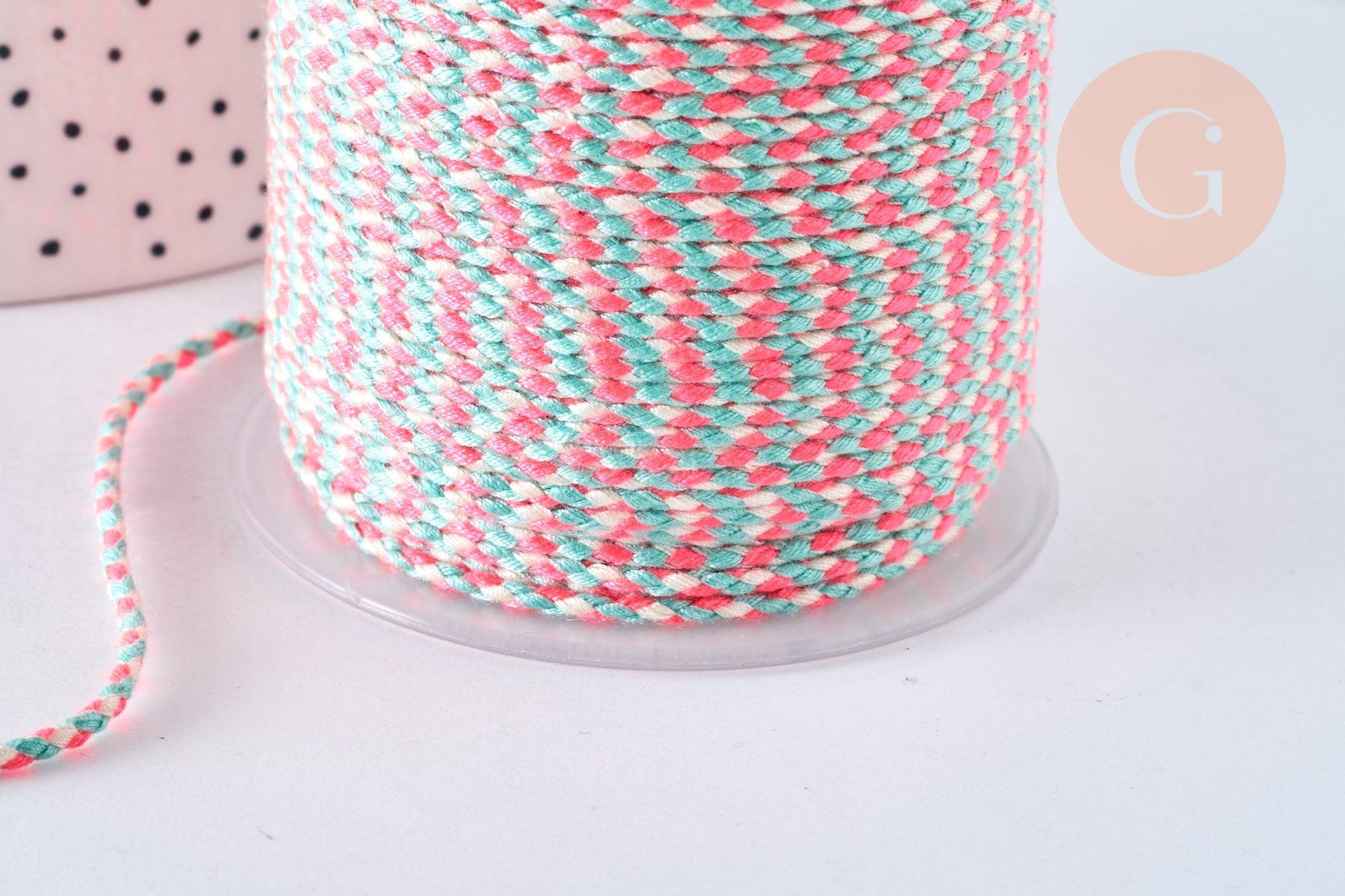 Cordon tressé rose fluo, turquoise et blanc 2mm, cordon pour bijoux,cordon multicolore ,corde décoration, x 1Mètre G6816