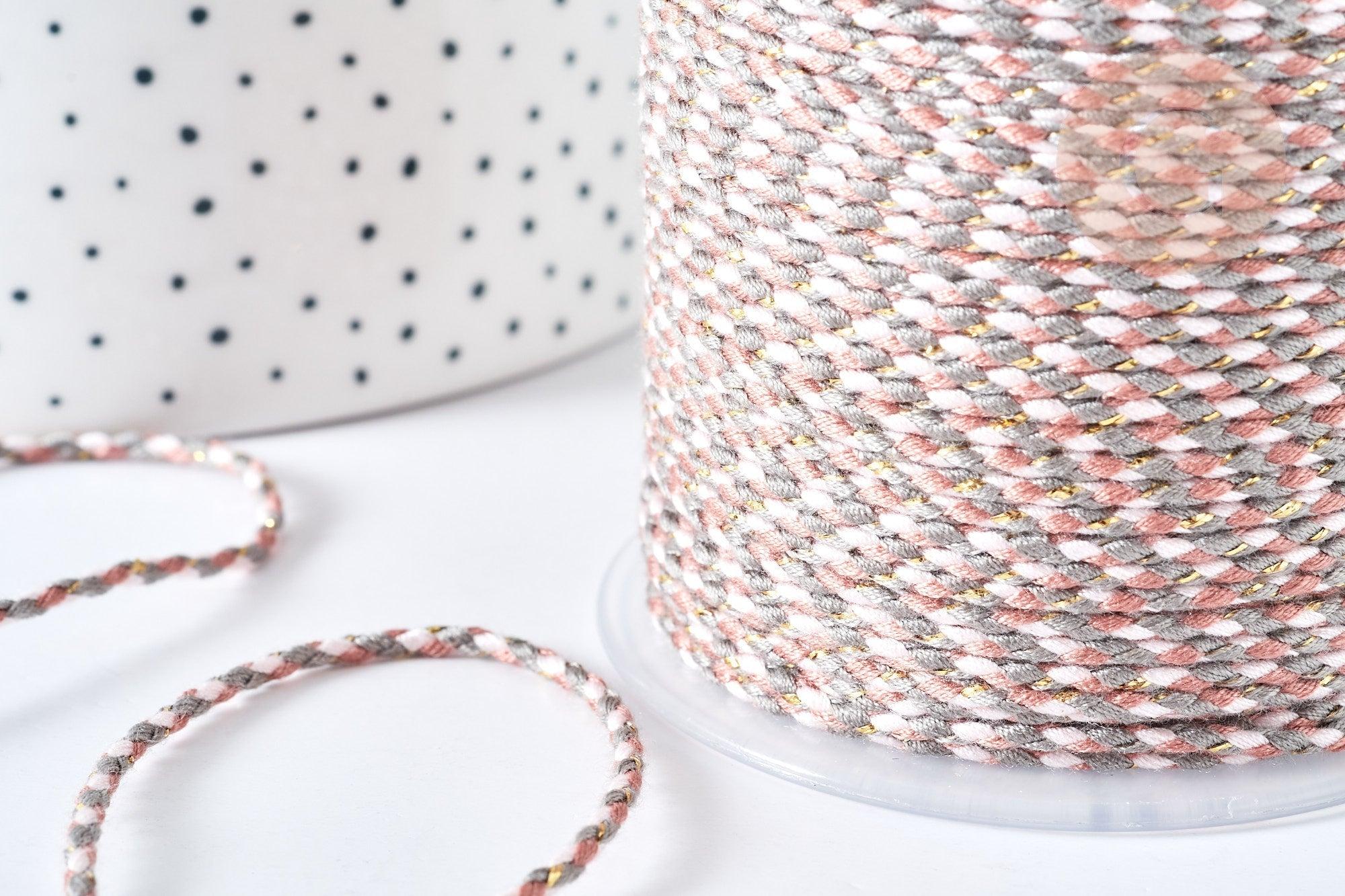 Cordon tressé rose gris fil doré 1.5mm-2mm, cordon pour bijoux,cordon multicolore scrapbooking,corde décoration, x 1Mètre G8120