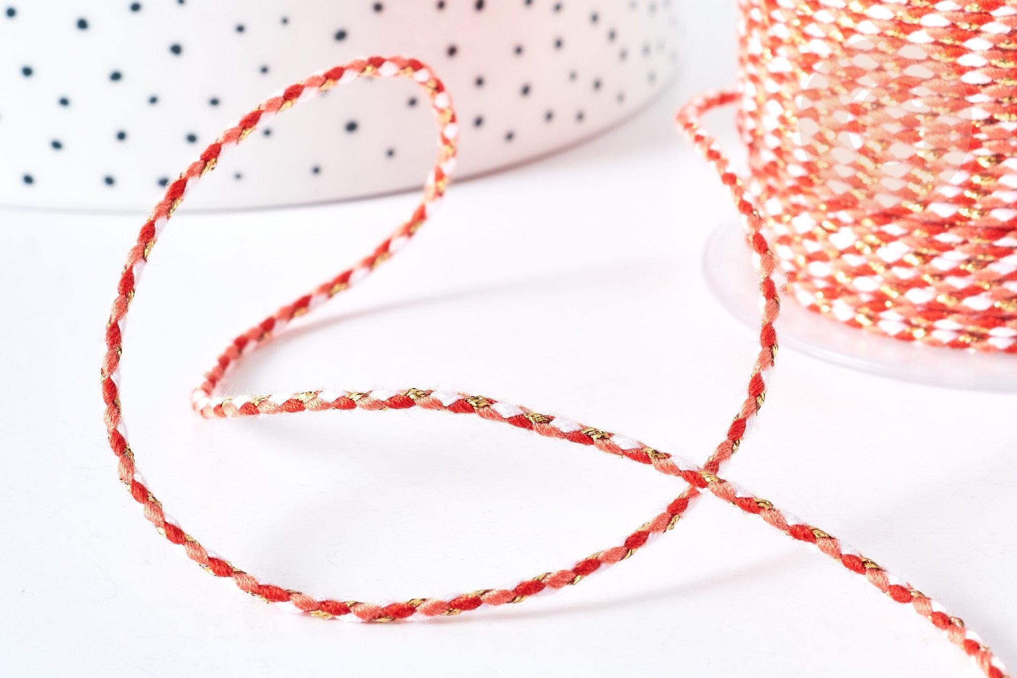 Cordon tressé rouge corail fil doré 1.5mm-2mm,cordon multicolore scrapbooking,corde décoration, x 1Mètre G8127