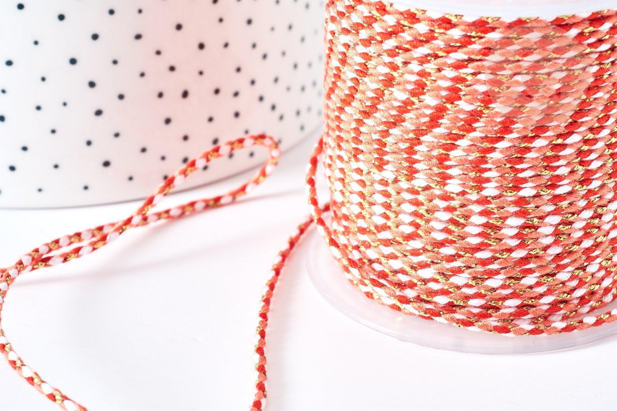 Cordon tressé rouge corail fil doré 1.5mm-2mm,cordon multicolore scrapbooking,corde décoration, x 1Mètre G8127