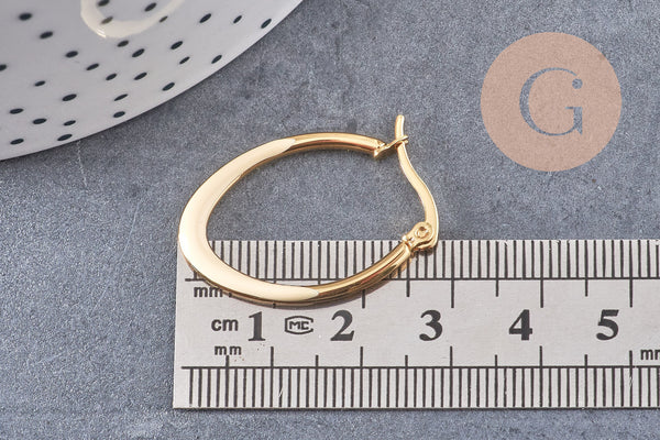 Créole ovale acier doré émail blanc,boucles acier doré inoxydable,30x20mm la paire (G4200)