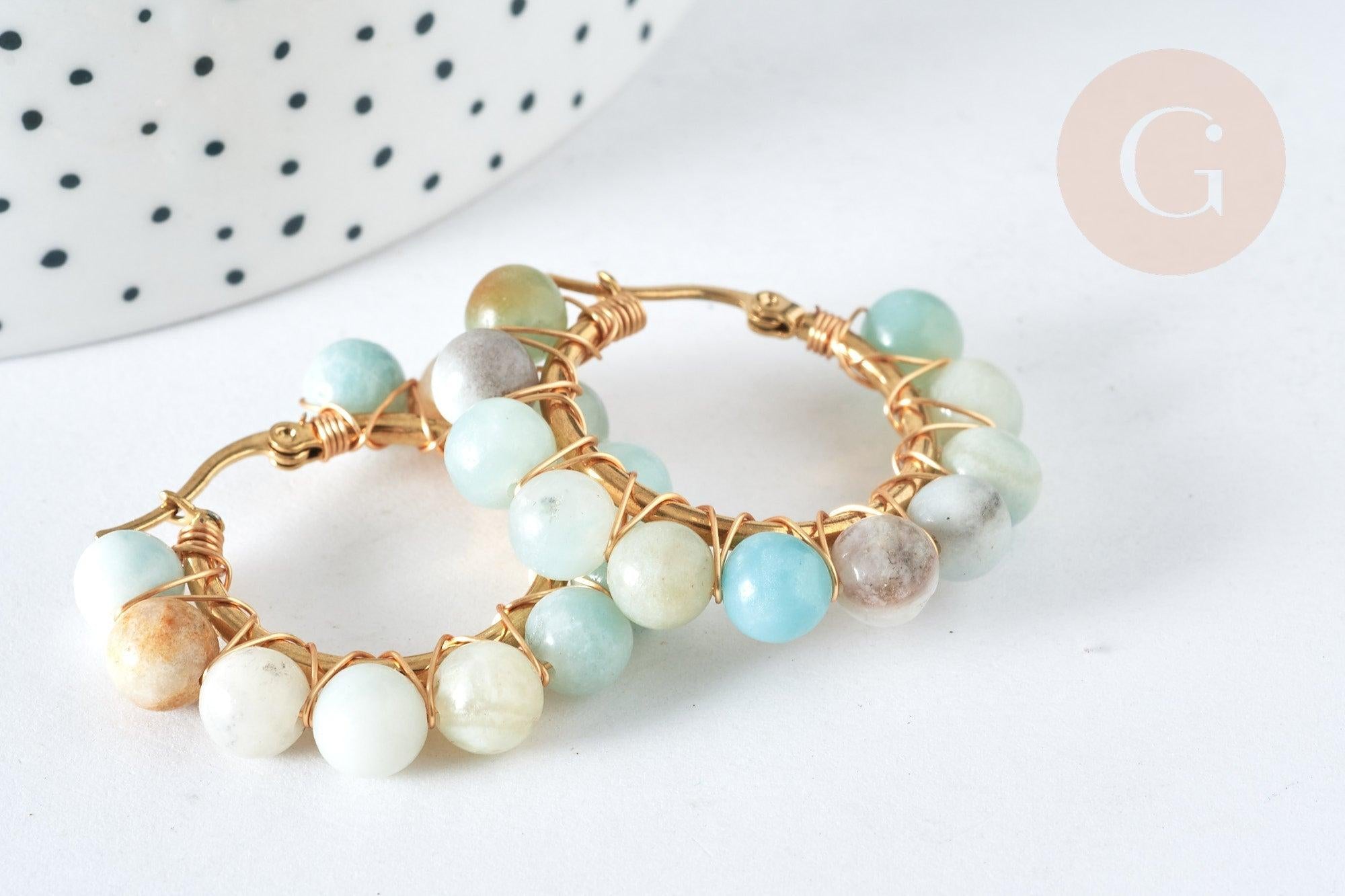 Créoles Amazonite naturelle ronde acier doré 32.5mm, idée cadeau femme, la paire, (G7399)