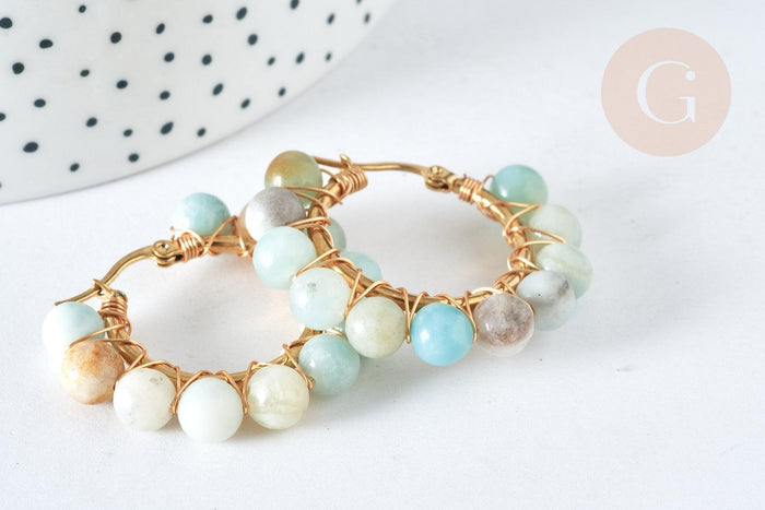 Créoles Amazonite naturelle ronde acier doré 32.5mm, idée cadeau femme, la paire, (G7399)