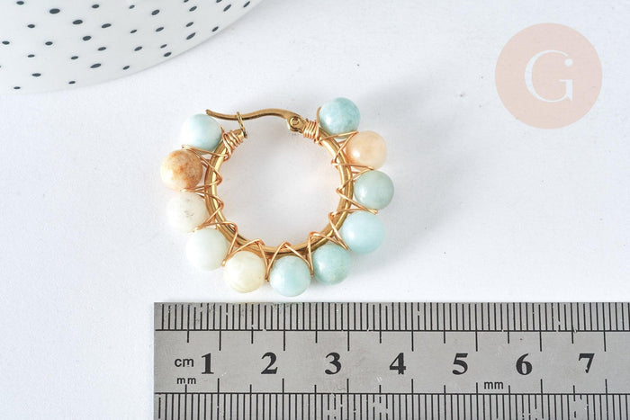 Créoles Amazonite naturelle ronde acier doré 32.5mm, idée cadeau femme, la paire, (G7399)