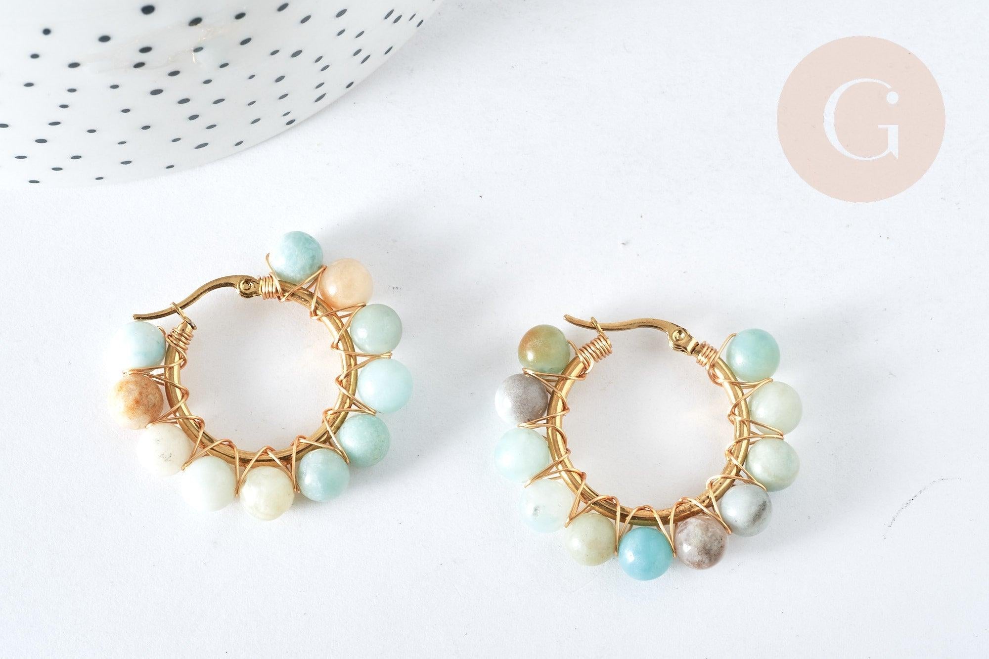 Créoles Amazonite naturelle ronde acier doré 32.5mm, idée cadeau femme, la paire, (G7399)