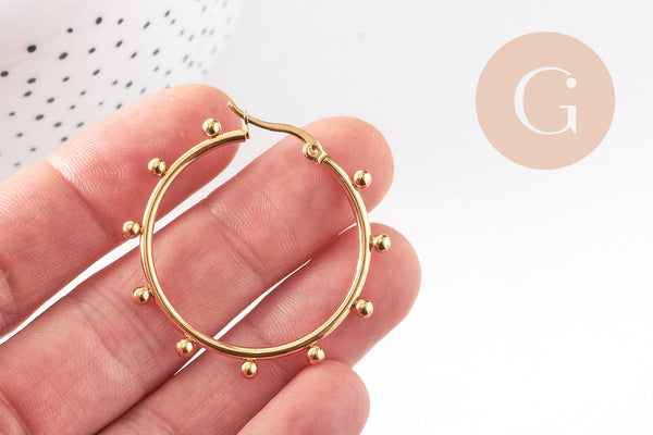 Créoles acier doré boules, bijoux doré,oreille percée,sans nickel, boucles acier, 42.5mm la paire (G4215)