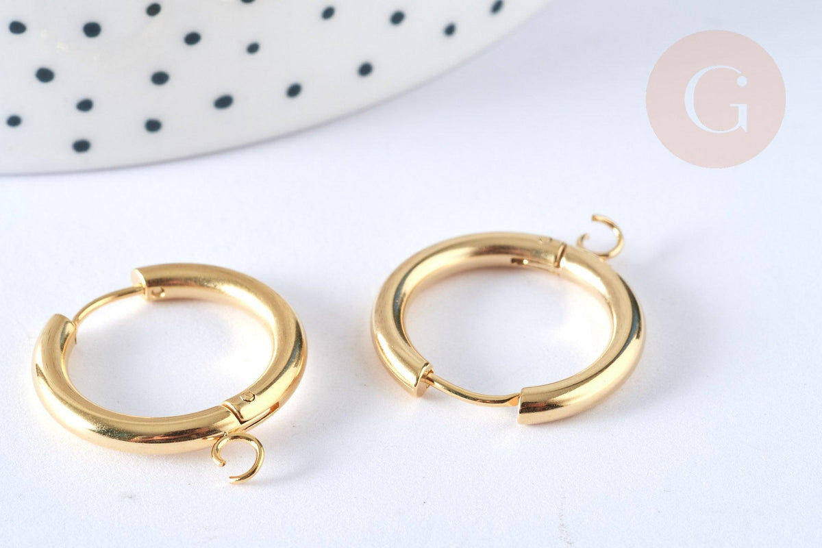Boucles créole avec anneau dormeuse acier inoxydable doré 25mm, la paire (G7313)