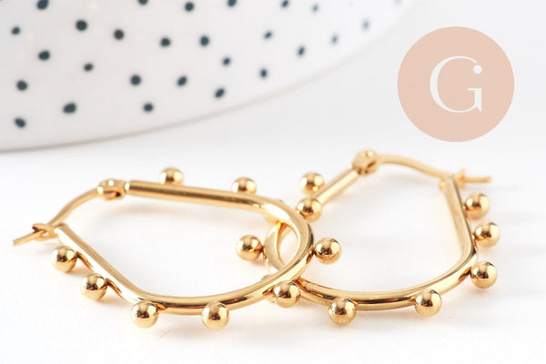 Créoles goutte acier doré boules, oreille percée,sans nickel, boucles acier, 36.2mm la paire, (G4202)