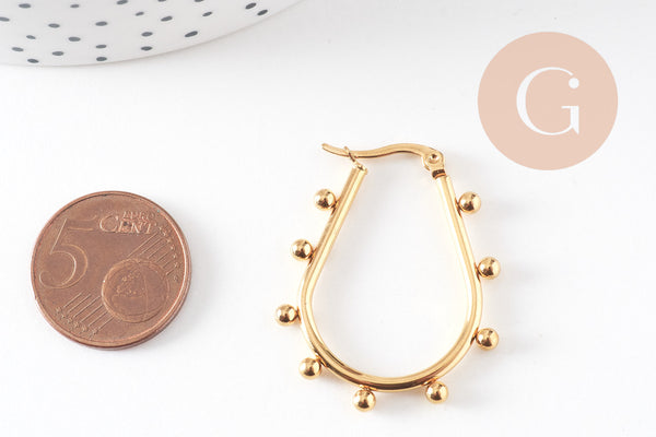 Créoles goutte acier doré boules, oreille percée,sans nickel, boucles acier, 36.2mm la paire, (G4202)
