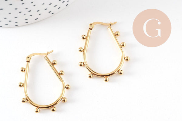 Créoles goutte acier doré boules, oreille percée,sans nickel, boucles acier, 36.2mm la paire, (G4202)
