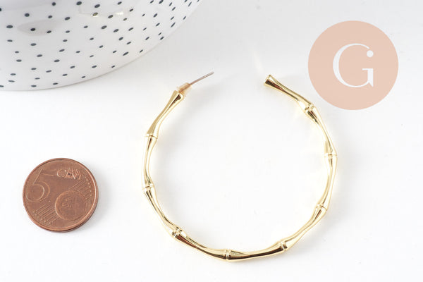 Créoles laiton doré 18k ouverte bambou 52.5mm, bijoux doré et argent 925, la paire (G4783)