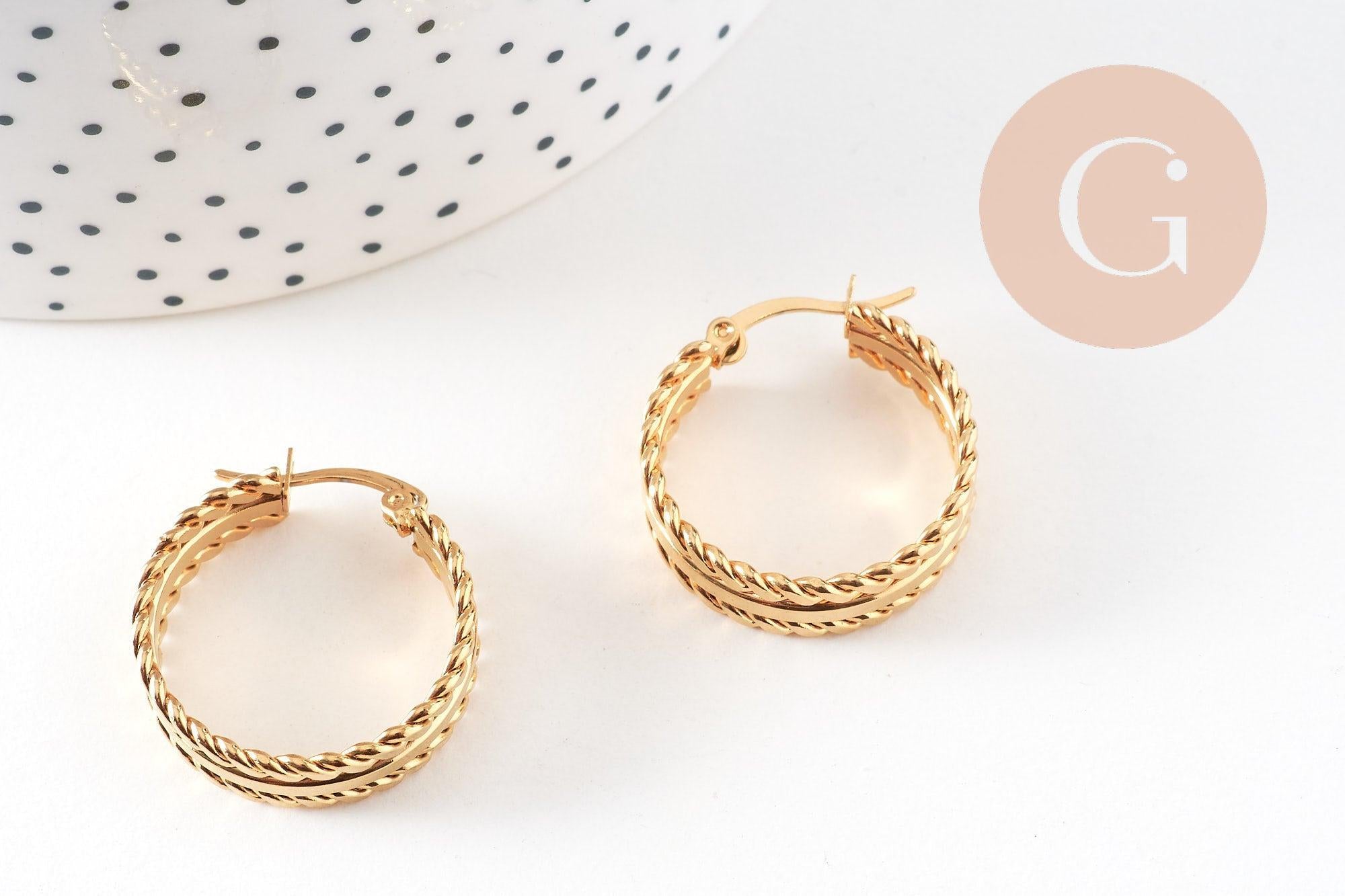 Créoles larges acier doré, oreille percée,sans nickel, boucles sans nickel, boucles acier, 27mm la paire (G0213)