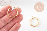 Créoles torsadées acier doré, bijoux doré, oreille percée,sans nickel, boucles acier, 25mm, la paire (G2402)