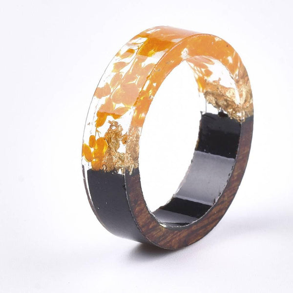 EP Bague ébène bois résine feuille d'or jaune 17.5mm, x1 (G1823)