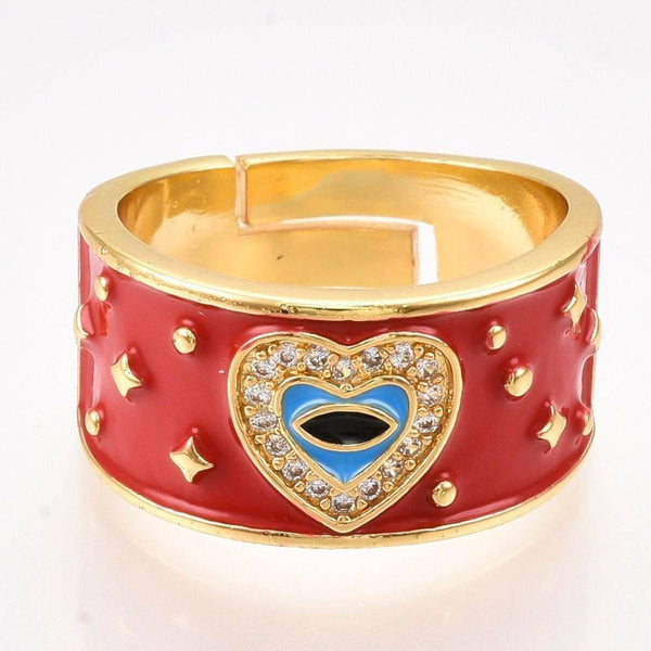 EP-Bague réglable laiton doré émail rouge oeil protecteur 18mm, x1 (G4248)