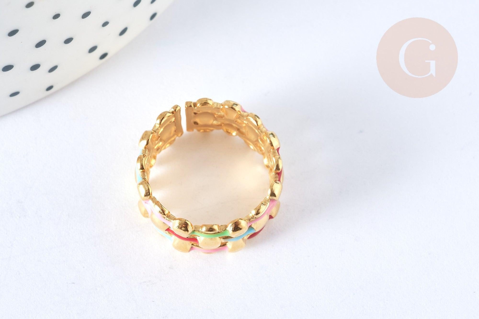 EP-Bague réglable maille croisée acier inoxydable doré émail multicolore Taille 54, x1 (G7005)