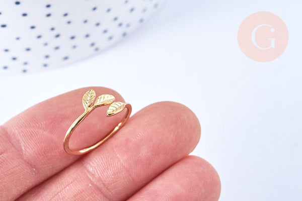 EP Bague réglable petites feuilles gravées laiton doré 16K 19mm, x1
