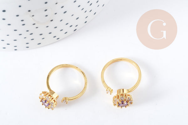 EP Bague rotative réglable laiton doré zircons blancs et violets 18.5mm, x1 (G8889)