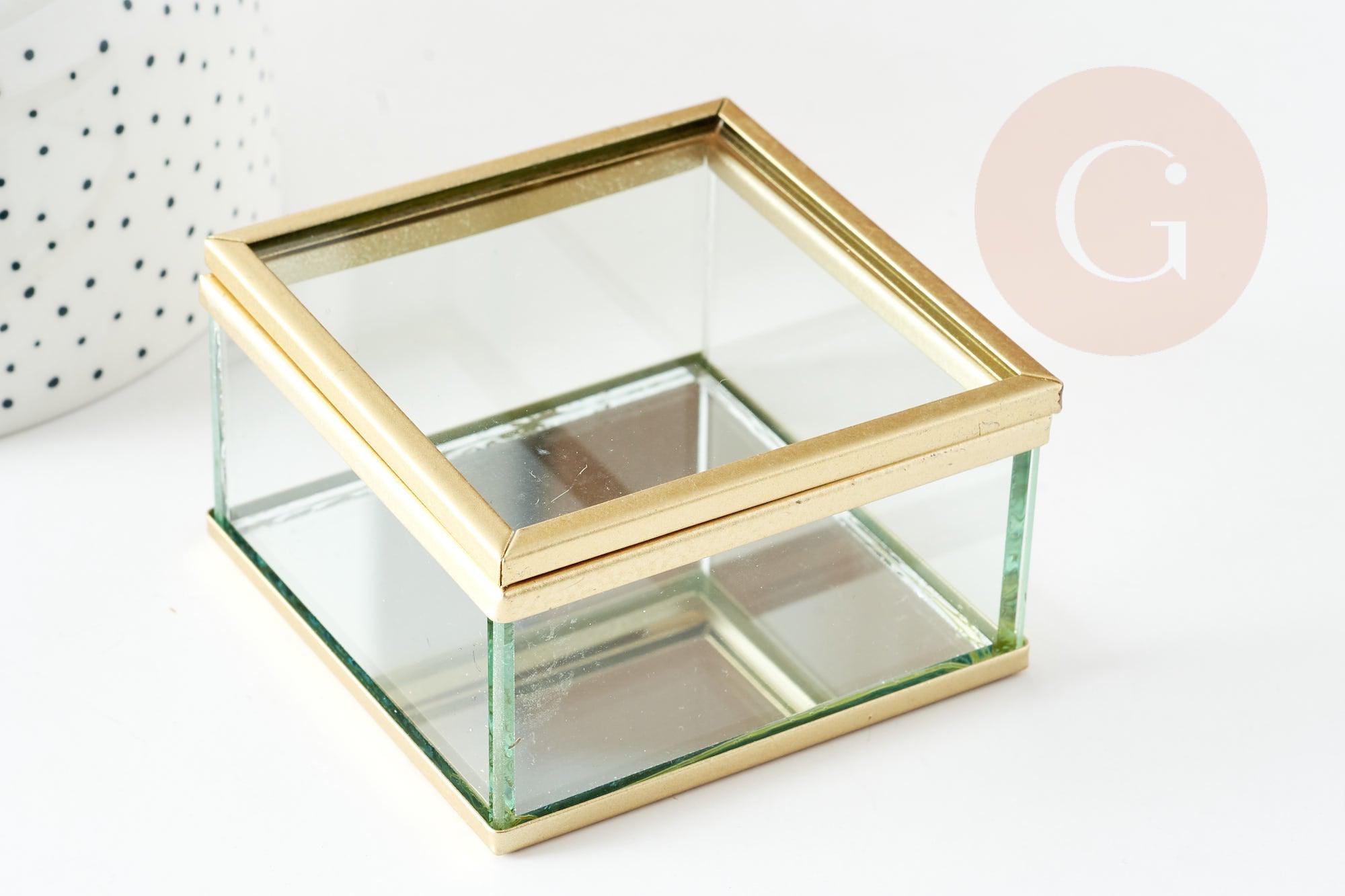 EP-Boite à bijoux en verre carrée laiton doré 7cm, x1 (G9317)