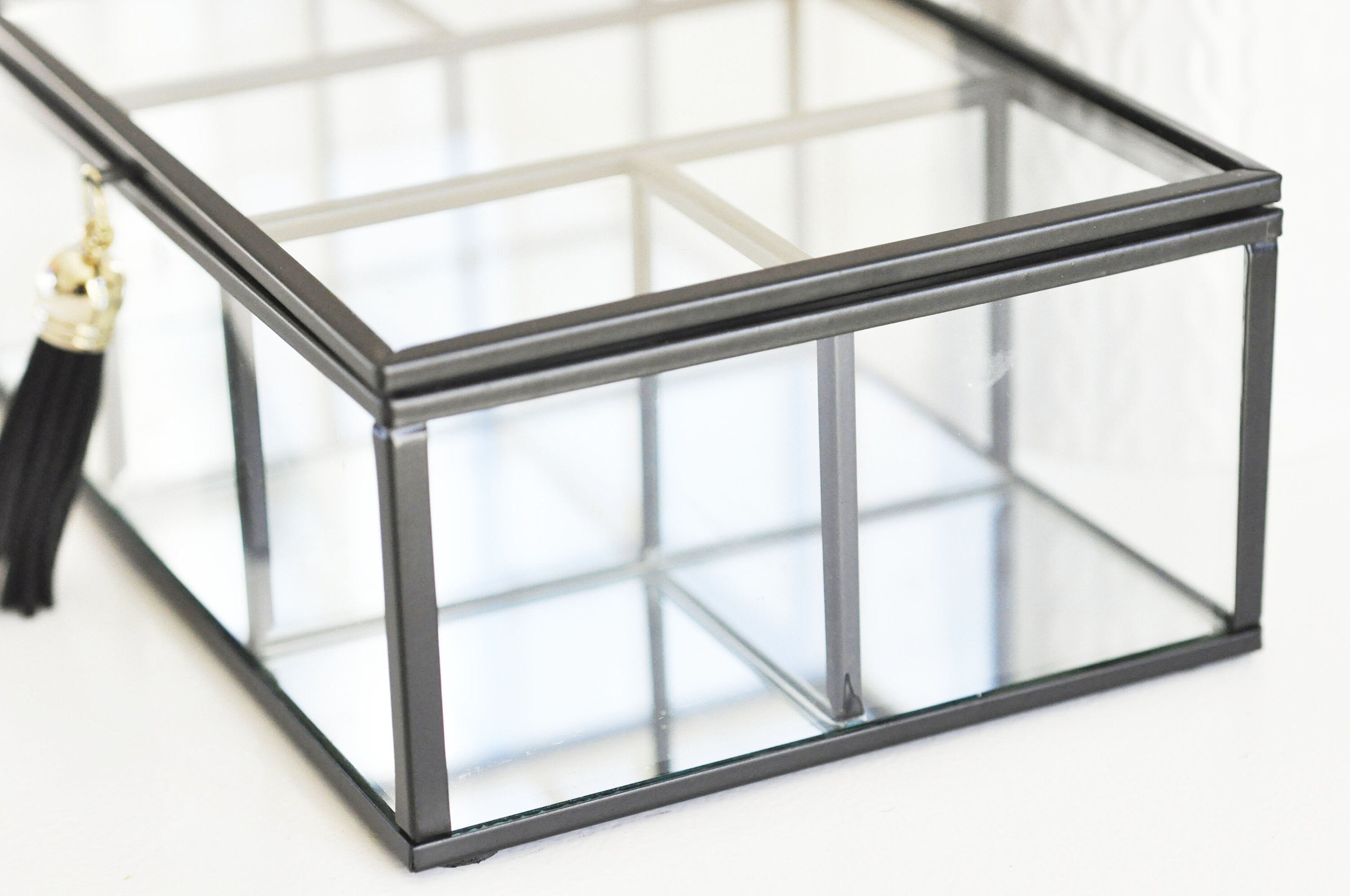 EP Boite à bijoux en verre métal noir rectangle,rangement bijoux, boite verre vintage décoration minimaliste, boîte verre, 18cm,G4886