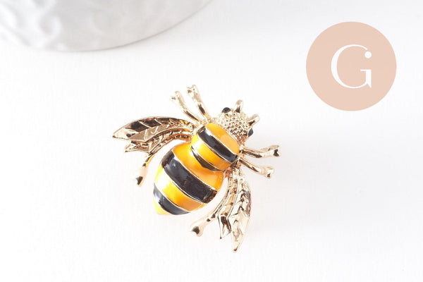 EP-Broche abeille émail noir et jaune zamac doré 29mm, x1 (G9923)