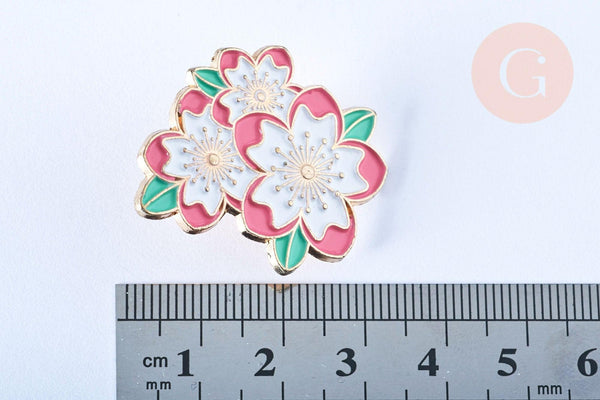 EP-Broche pins Fleurs motif végétal doré émail blanc 30x25mm, x1 G6619