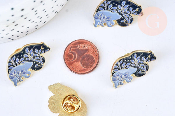 EP-Broche pins ours motif végétal doré émail noir violet 30x18mm, x1 G5537