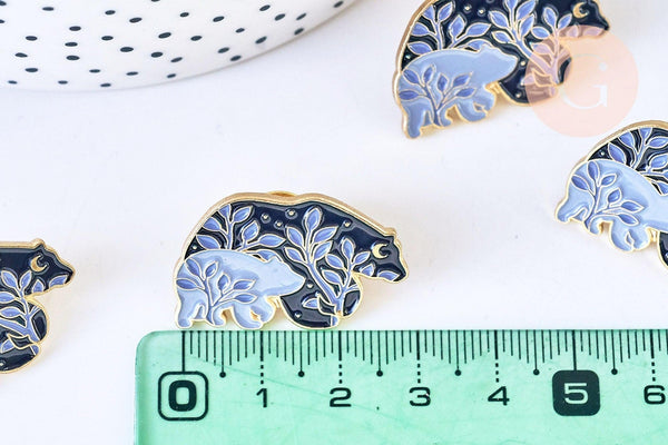 EP-Broche pins ours motif végétal doré émail noir violet 30x18mm, x1 G5537