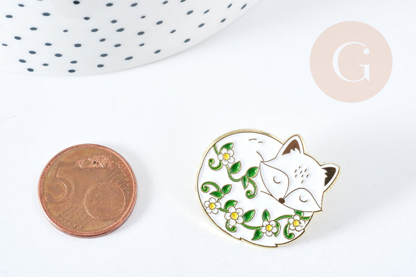 EP-Broche pins renard motif végétal doré émail blanc 26mm, x1 (G8497)