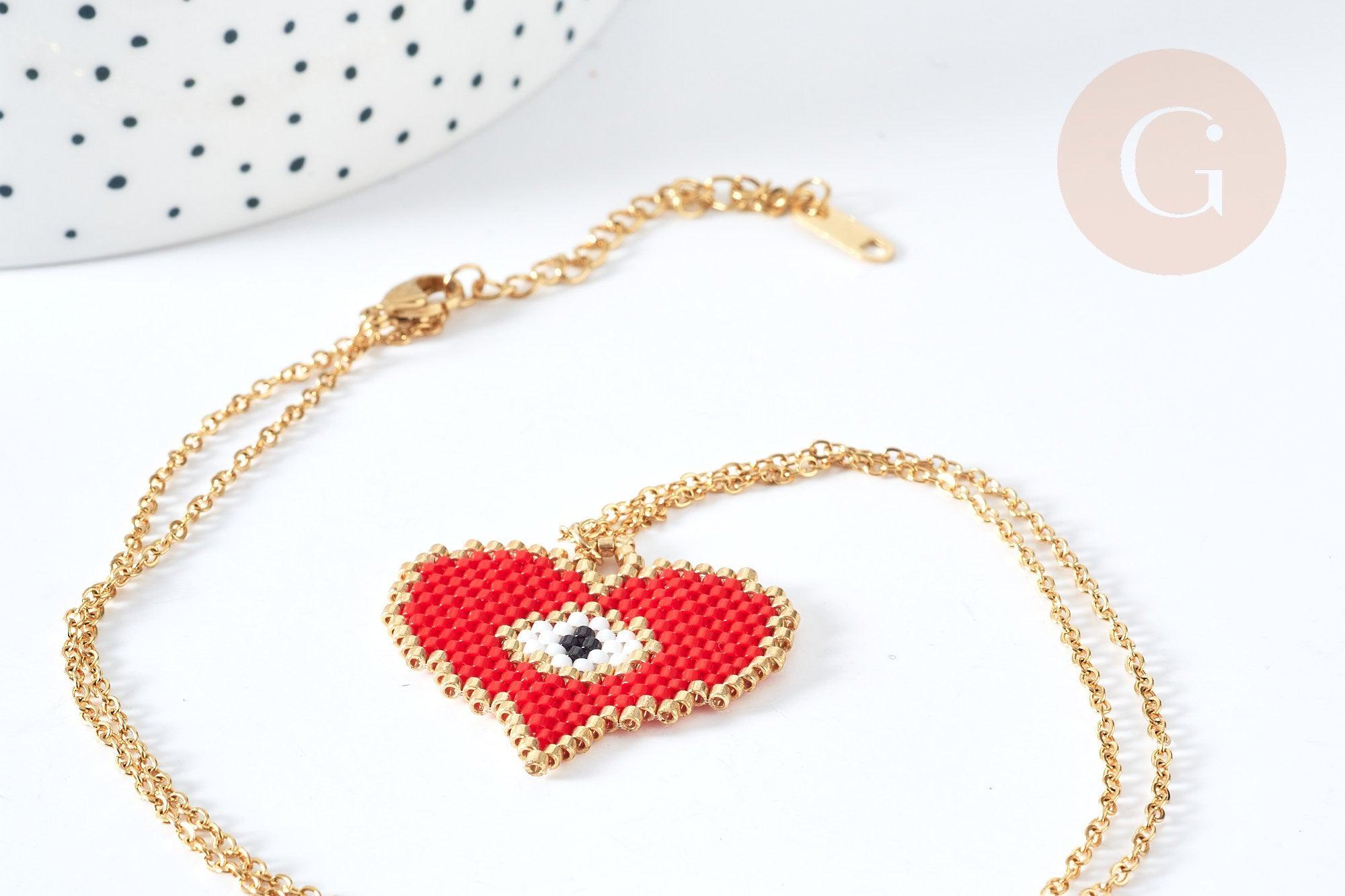 EP-Collier sautoir pendentif tissage coeur oeil protecteur perle de rocailles acier doré 50cm, cadeau pour femme, x1 G7687