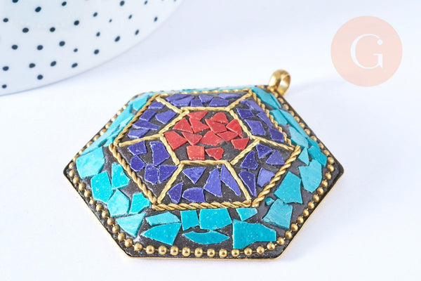 EP Pendentif Corne en laiton et pierres, pierre naturelle doré tibétain, x1 G8400