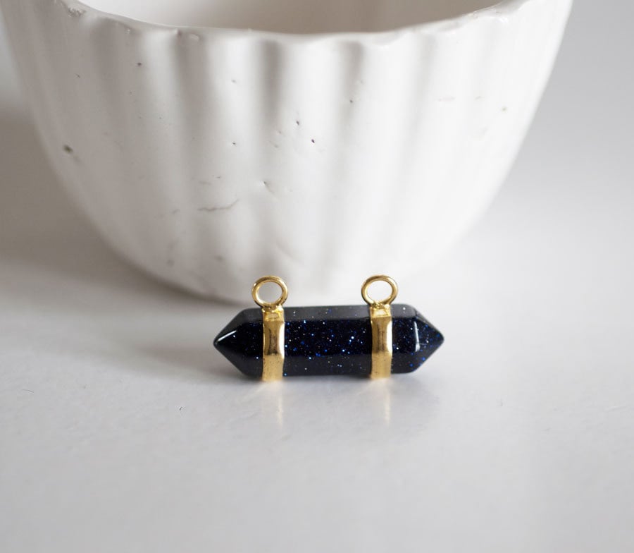 EP Pendentif Pointe double anneau Bleu nuit pailleté, pendentif pierre, support doré,bojou pierre,pierre naturelle, 32mm G5418
