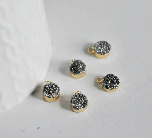 EP Pendentif agate druzy grise,fournitures créatives, agate naturelle,pendentif pierre, support doré, pierre naturelle,11mm